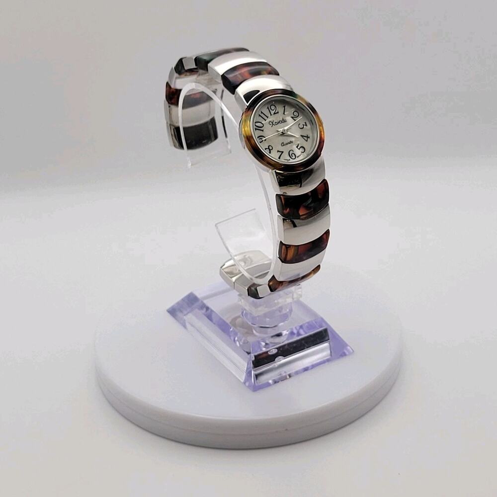 Xanadu Womens Silver Tone Tortoise Shell Bangle Cuff Quartz Watch White Dial